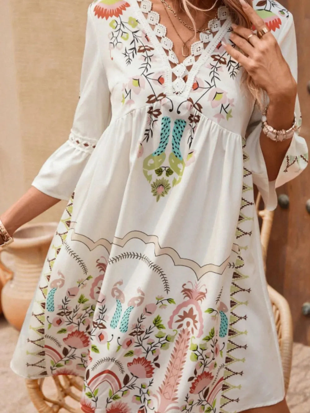 Lace Detail Printed Three-Quarter Sleeve Dress - Velora Luxury Fashion