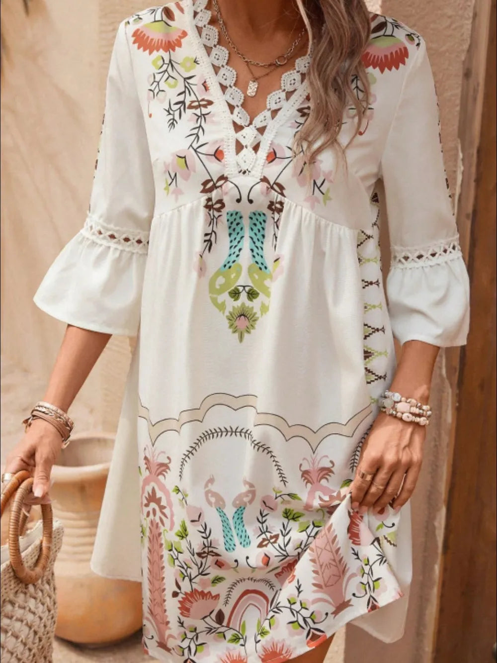 Lace Detail Printed Three-Quarter Sleeve Dress - Velora Luxury Fashion