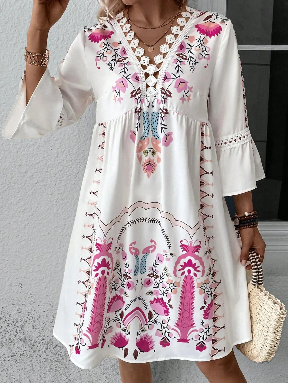 Lace Detail Printed Three-Quarter Sleeve Dress - Velora Luxury Fashion