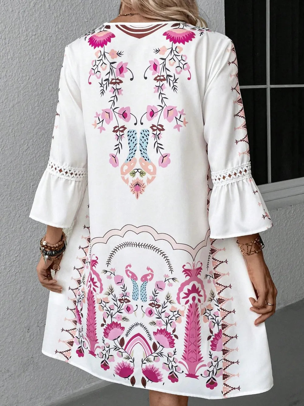 Lace Detail Printed Three-Quarter Sleeve Dress - Velora Luxury Fashion