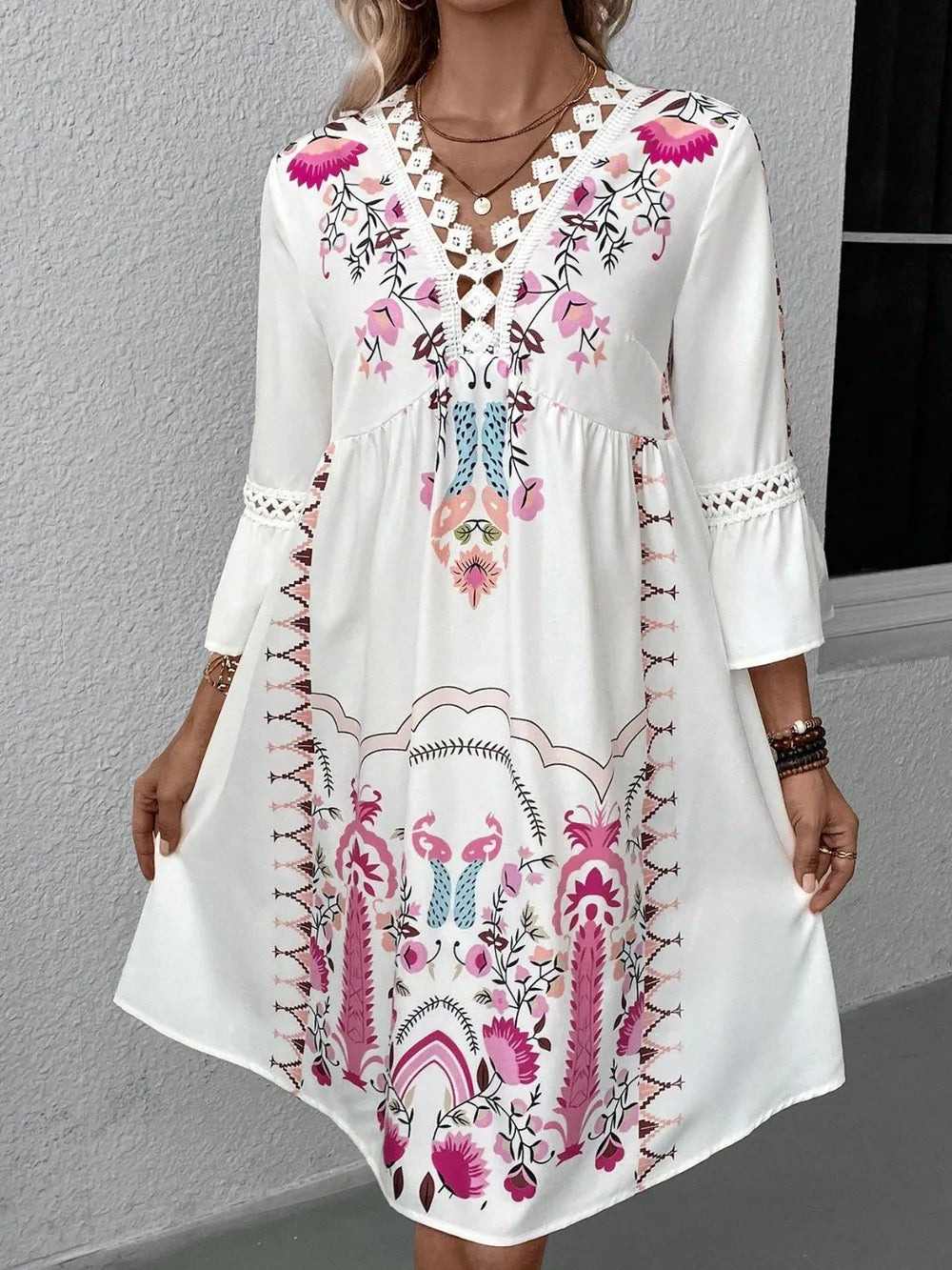 Lace Detail Printed Three-Quarter Sleeve Dress - Velora Luxury Fashion