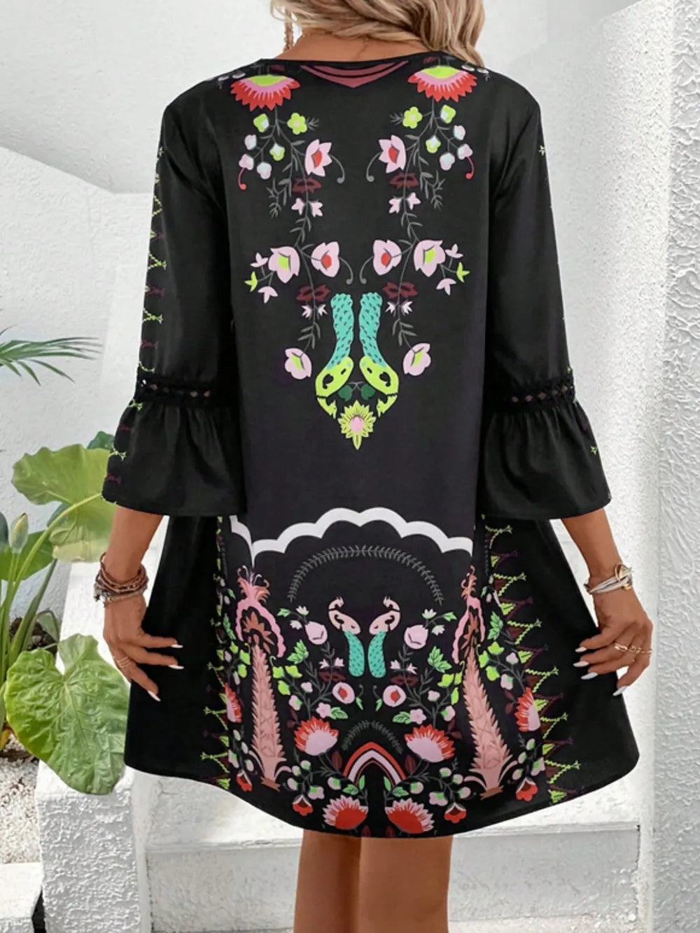 Lace Detail Printed Three-Quarter Sleeve Dress - Velora Luxury Fashion