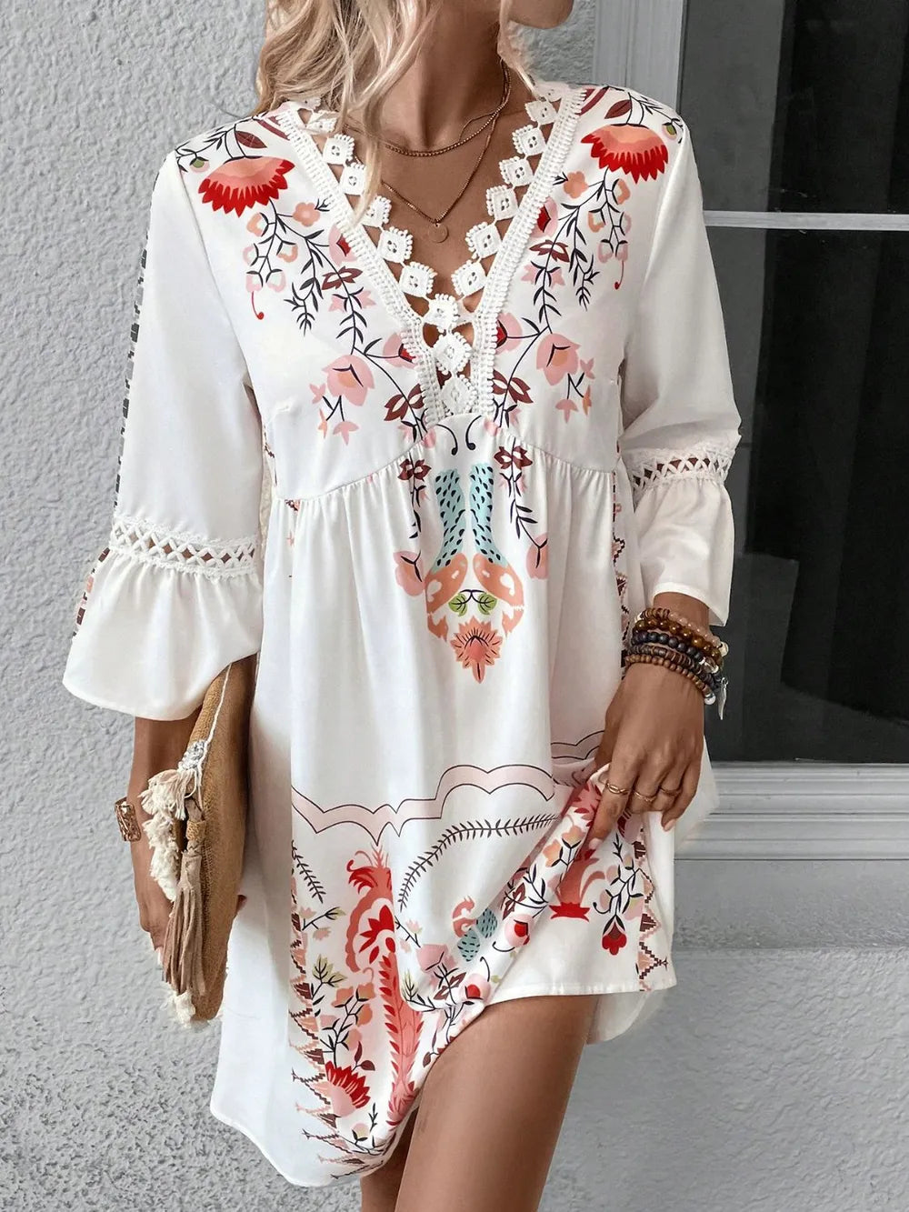 Lace Detail Printed Three-Quarter Sleeve Dress - Velora Luxury Fashion