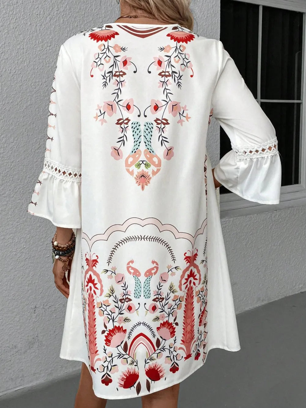 Lace Detail Printed Three-Quarter Sleeve Dress - Velora Luxury Fashion