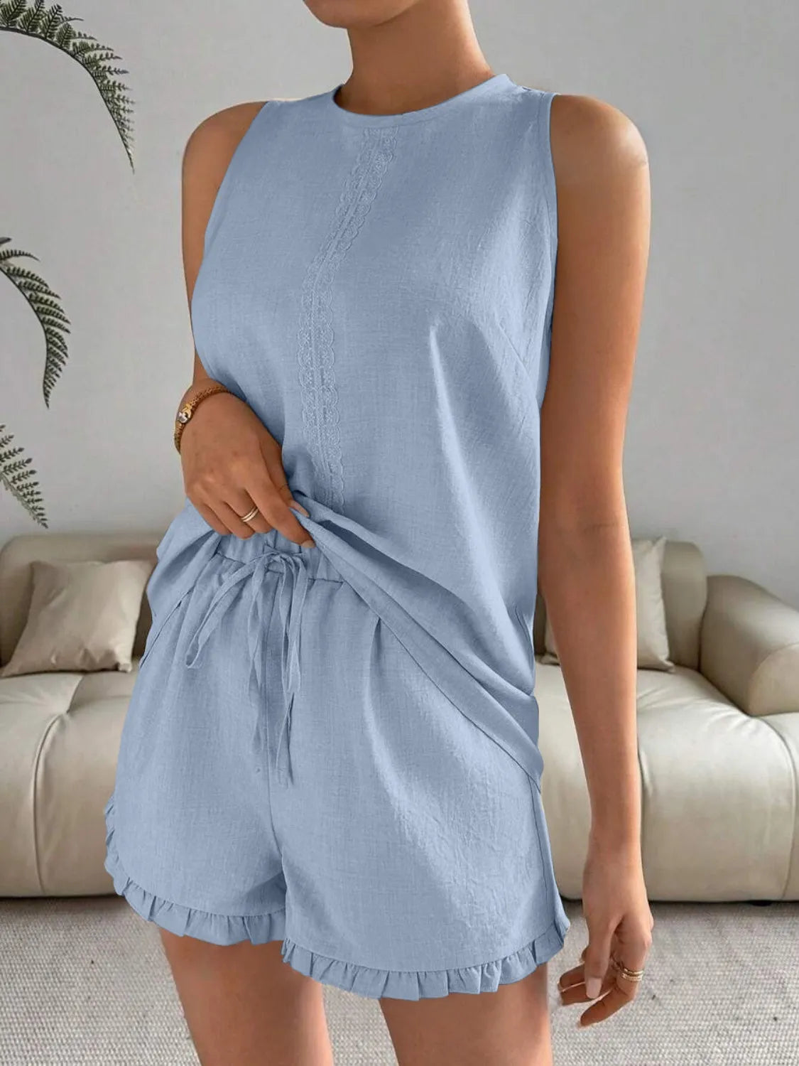 Lace Detail Round Neck Tank and Shorts Set - Velora Luxury Fashion