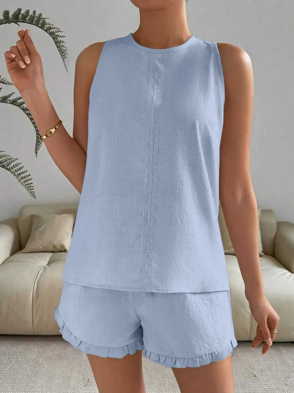 Lace Detail Round Neck Tank and Shorts Set - Velora Luxury Fashion