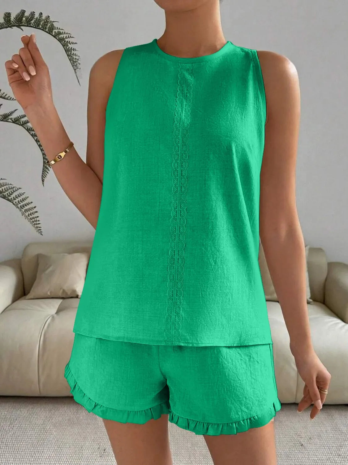 Lace Detail Round Neck Tank and Shorts Set - Velora Luxury Fashion