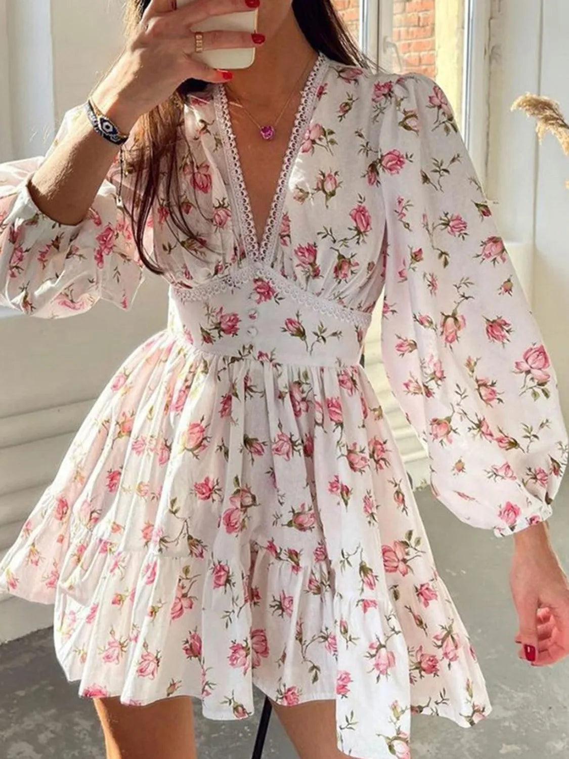 Lace Detail V-Neck Balloon Sleeve Dress - Velora Luxury Fashion