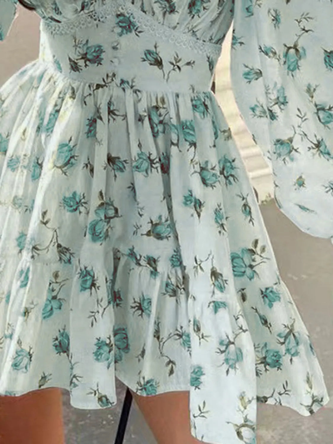 Lace Detail V-Neck Balloon Sleeve Dress - Velora Luxury Fashion