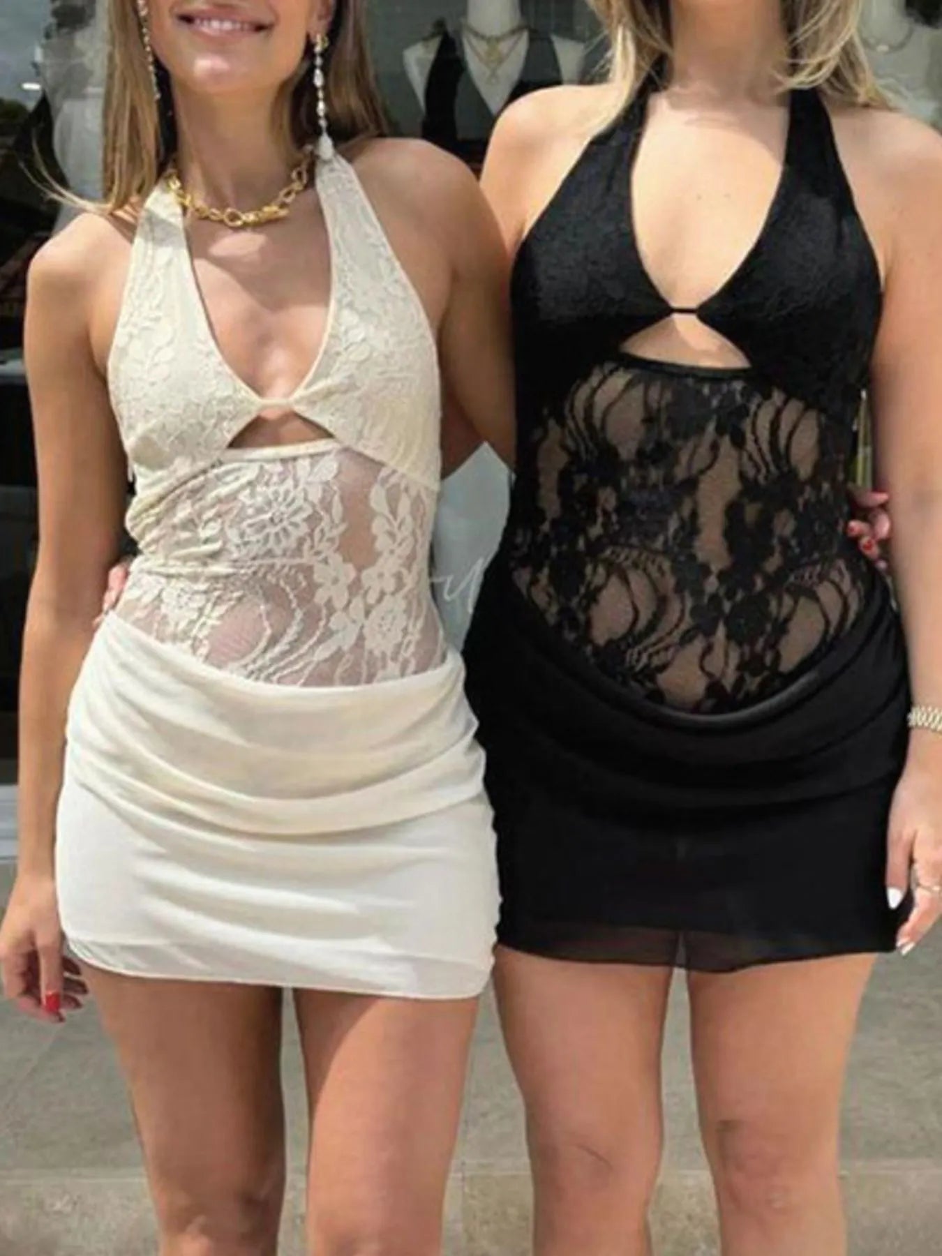 Lace Halter Neck Mini Dress - Velora Luxury Fashion