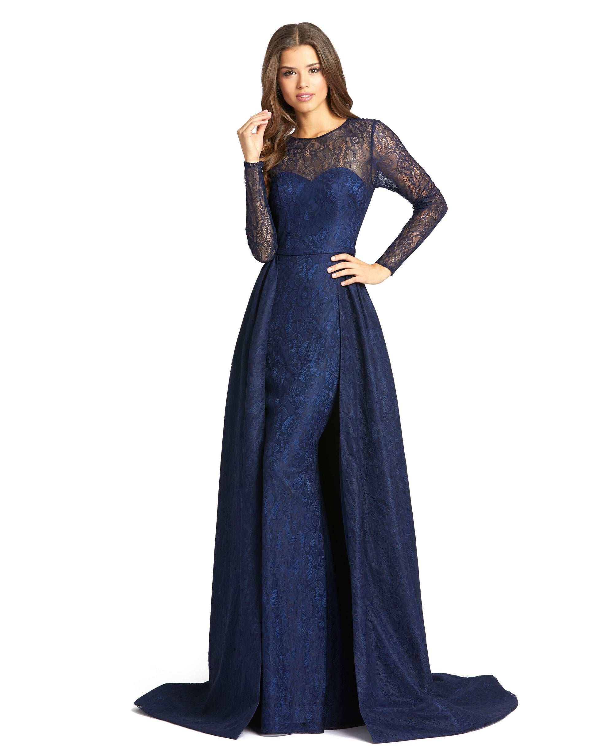 Lace Illusion Long Sleeve Gown with Overlay Skirt - Velora Luxury Fashion