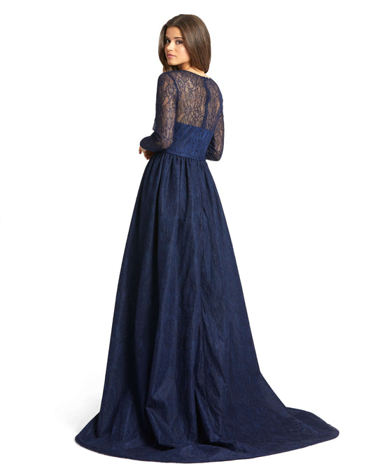Lace Illusion Long Sleeve Gown with Overlay Skirt - Velora Luxury Fashion