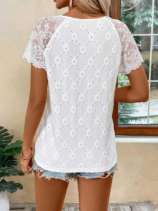 Lace Trim Eyelet Embroidered V-Neck T-shirt - Velora Luxury Fashion