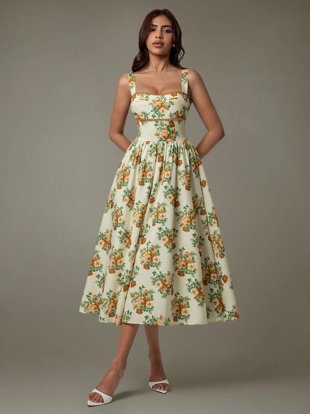 Lace Trim Floral Sleeveless Midi Dress - Velora Luxury Fashion