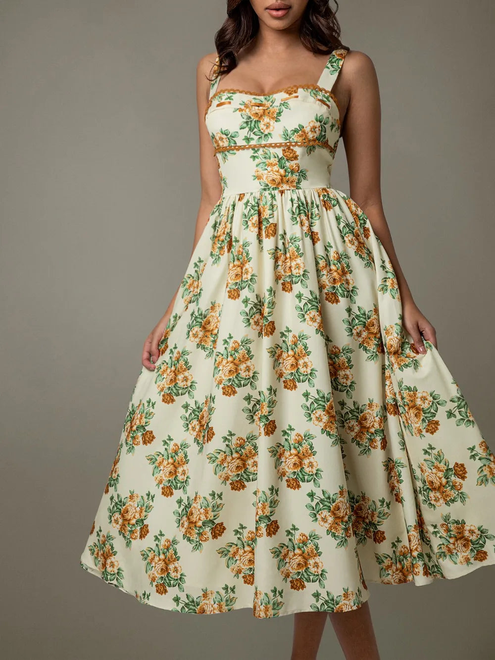 Lace Trim Floral Sleeveless Midi Dress - Velora Luxury Fashion