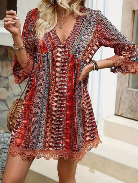 Lace Trim Printed V-Neck 3/4 Sleeve Dress - Velora