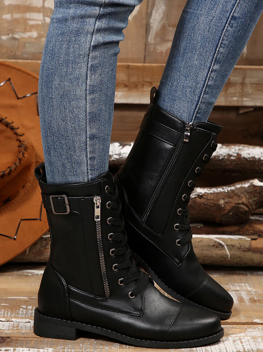 Lace Up Round Toe Boots - Velora Luxury Fashion