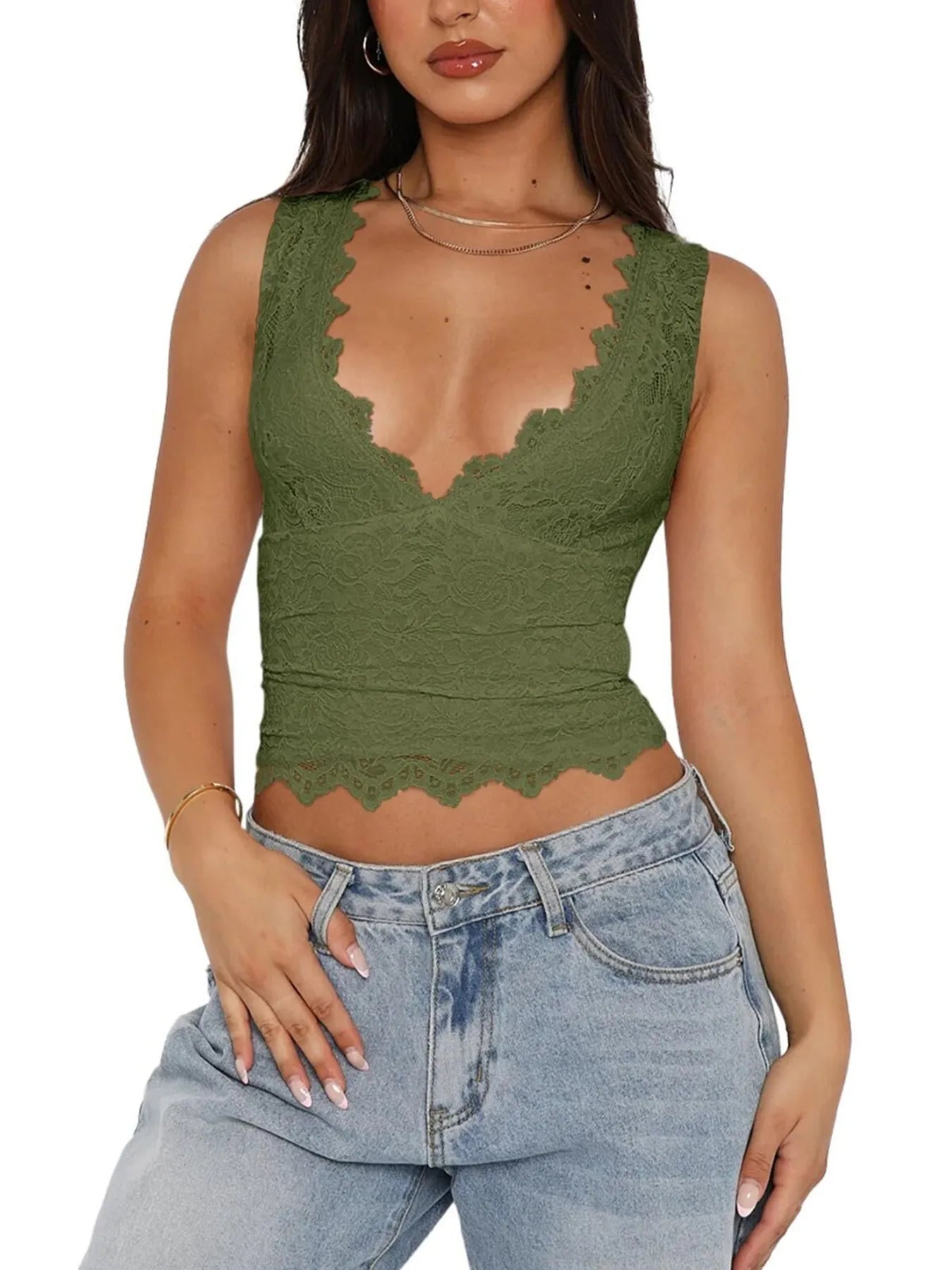 Lace V-Neck Cami Top with Scalloped Hem - Velora Luxury Fashion