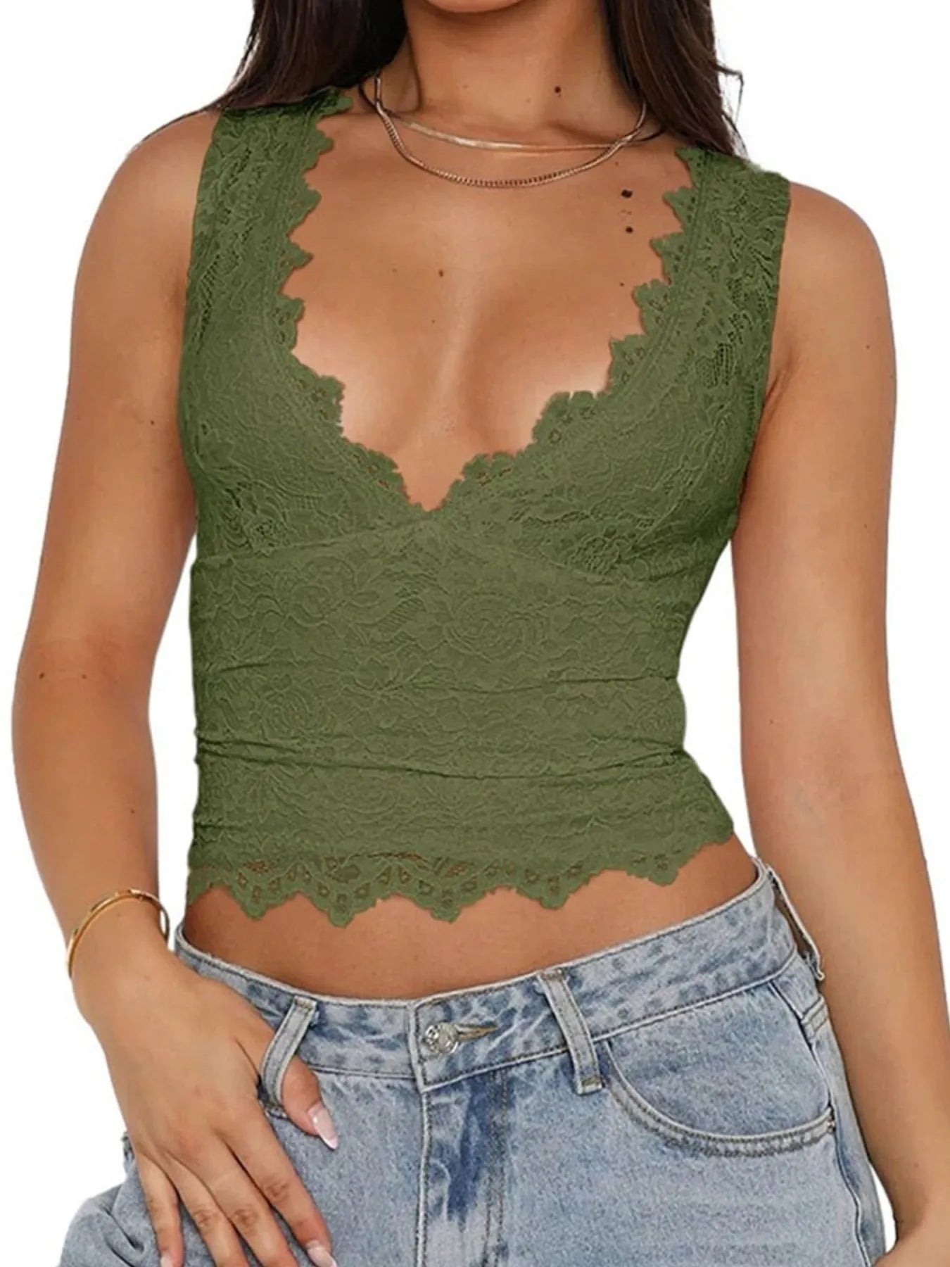 Lace V-Neck Cami Top with Scalloped Hem - Velora Luxury Fashion