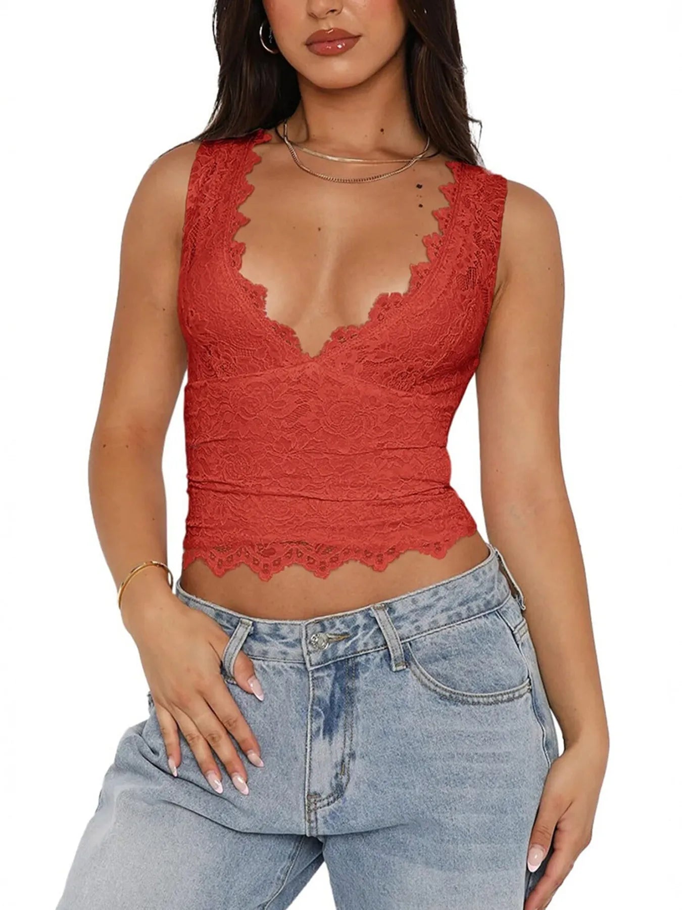 Lace V-Neck Cami Top with Scalloped Hem - Velora Luxury Fashion