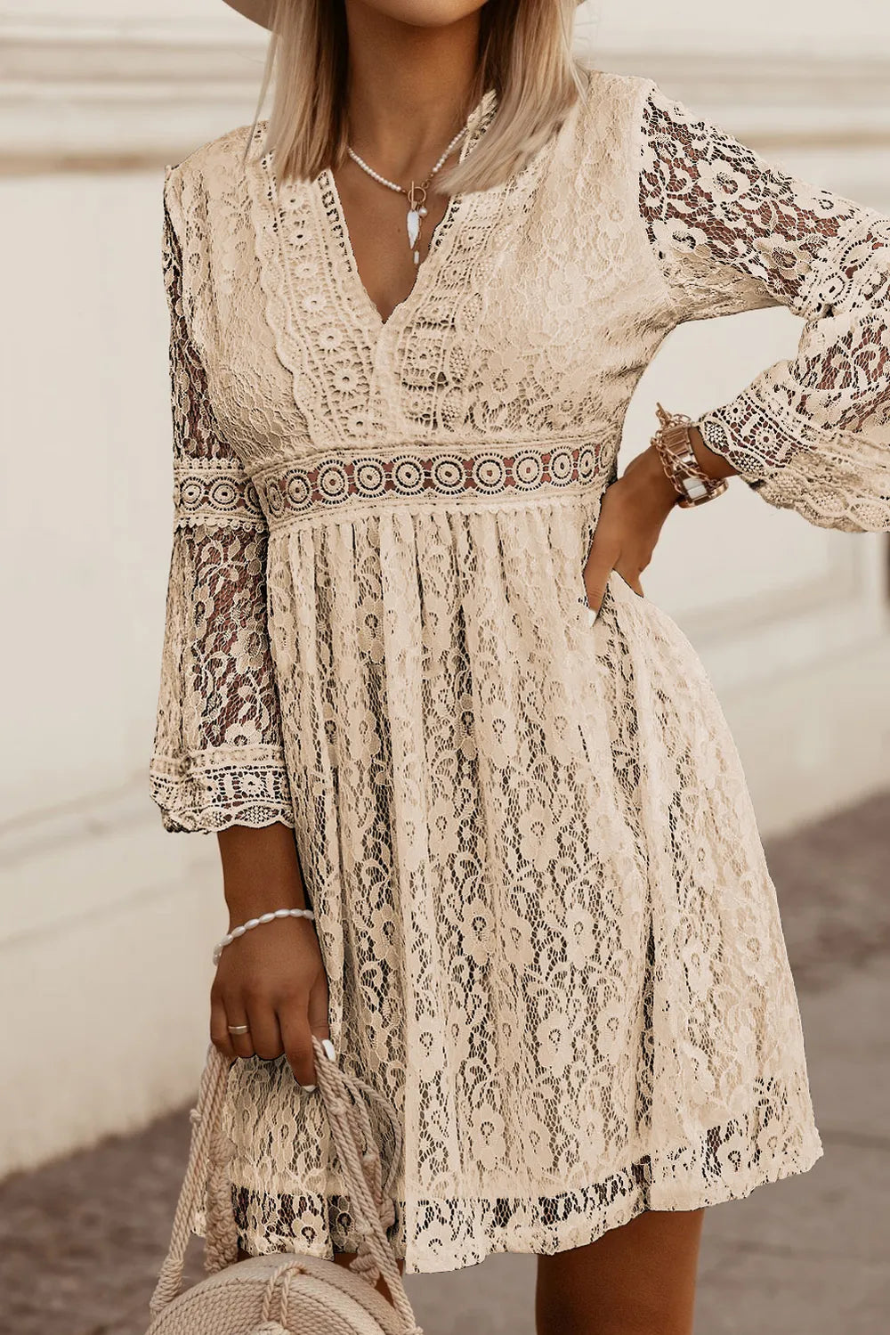Lace V-Neck Three-Quarter Sleeve Dress - Velora Luxury Fashion