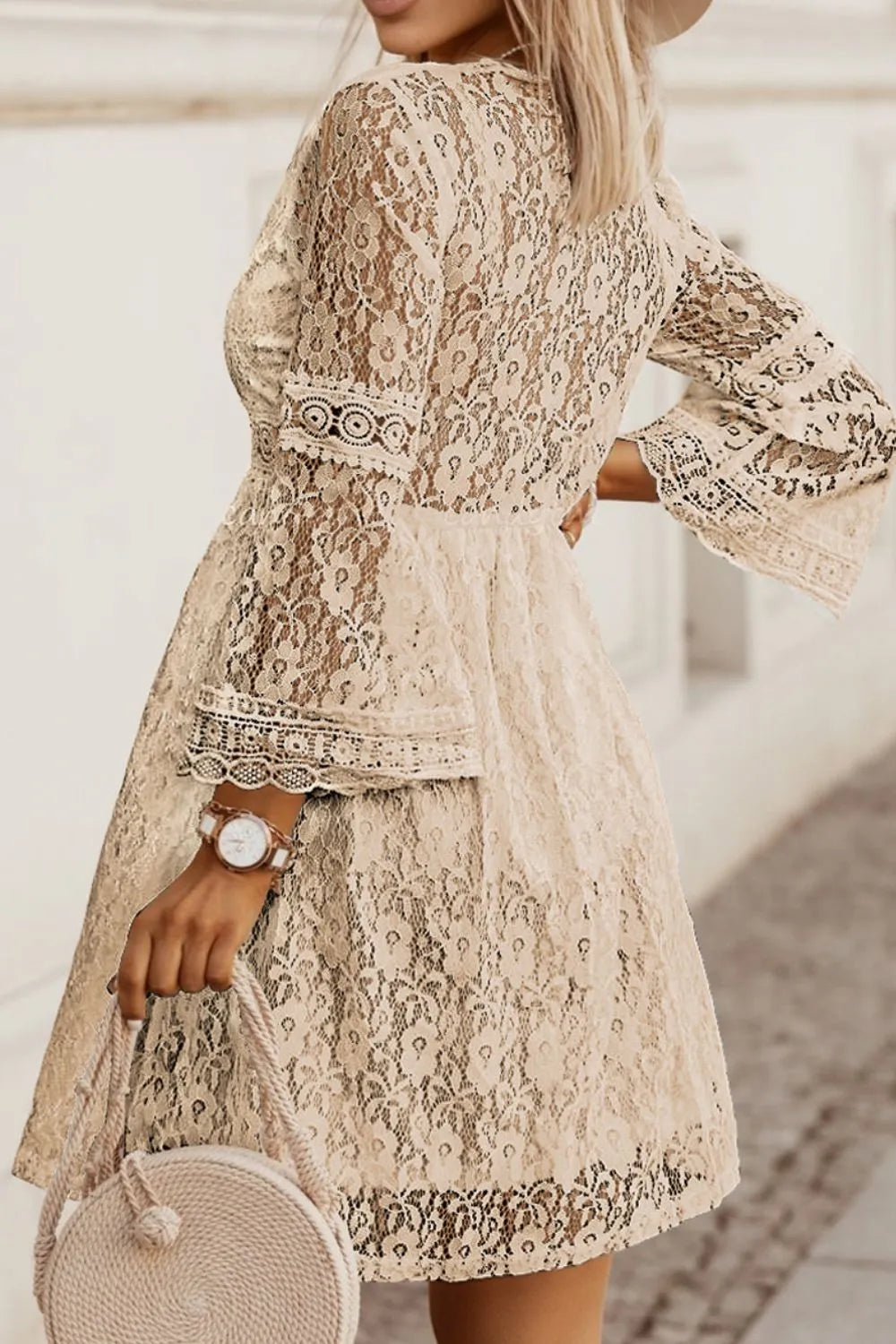 Lace V-Neck Three-Quarter Sleeve Dress - Velora Luxury Fashion