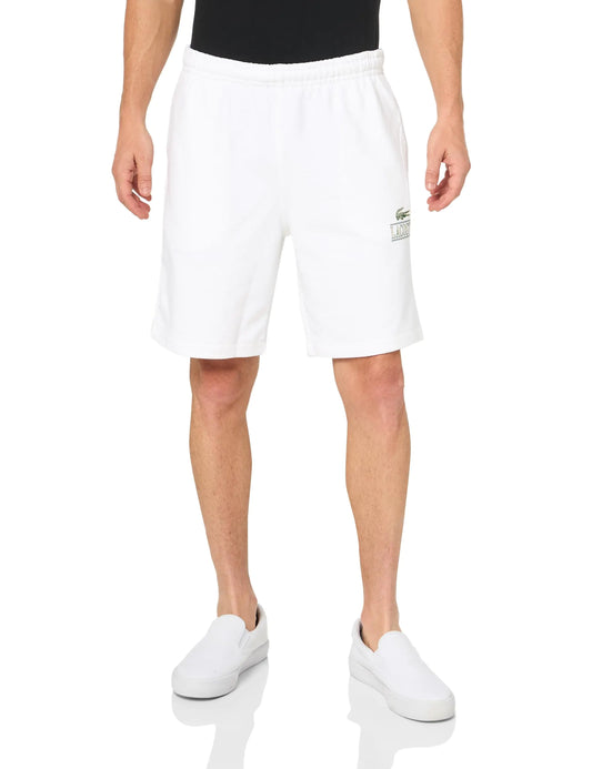 Lacoste Unisex Signature Print Fleece Shorts White - Velora Luxury Fashion