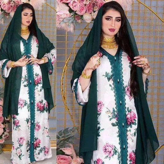 Ladies Middle East Arabian V-Neck Floral Robe - Velora