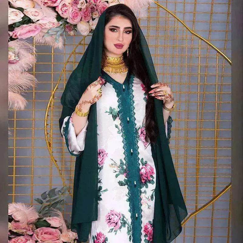 Ladies Middle East Arabian V-Neck Floral Robe - Velora