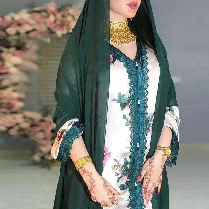 Ladies Middle East Arabian V-Neck Floral Robe - Velora