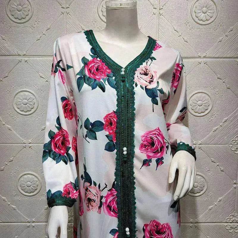 Ladies Middle East Arabian V-Neck Floral Robe - Velora