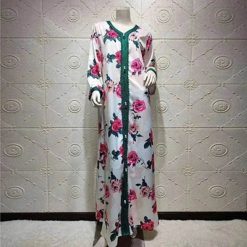 Ladies Middle East Arabian V-Neck Floral Robe - Velora