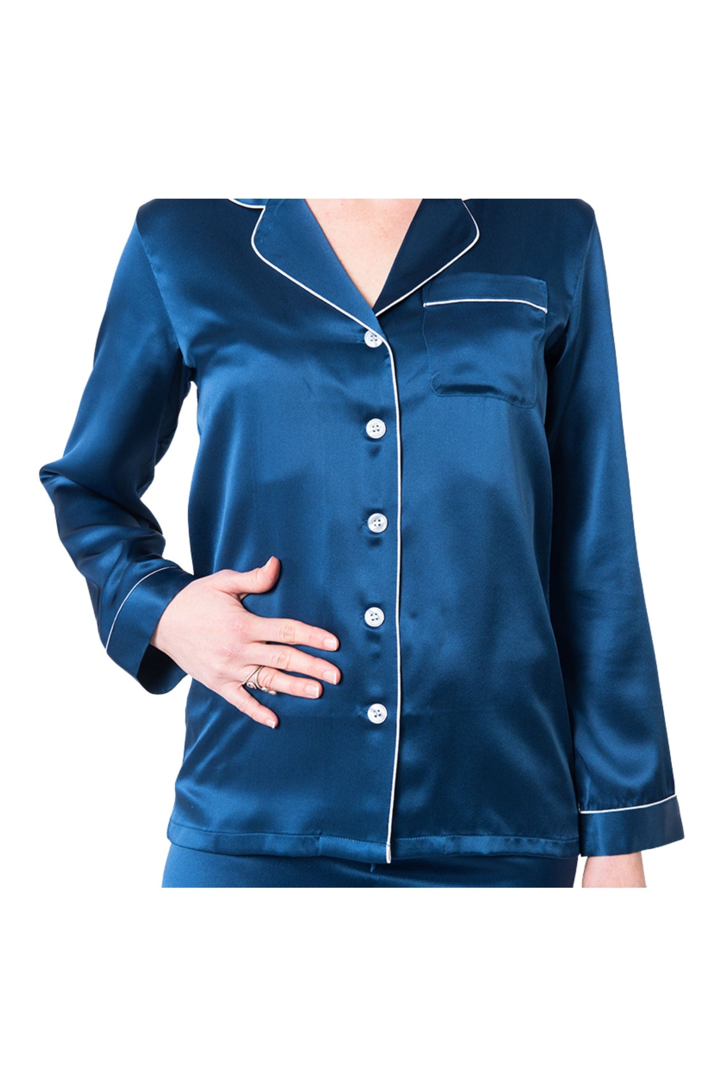 Women's Mulberry Silk Pajama Set Navy Blue Forsters Finery