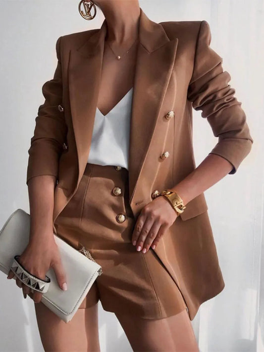 Lapel Collar Long Sleeve Blazer and Shorts Set - Velora Luxury Fashion