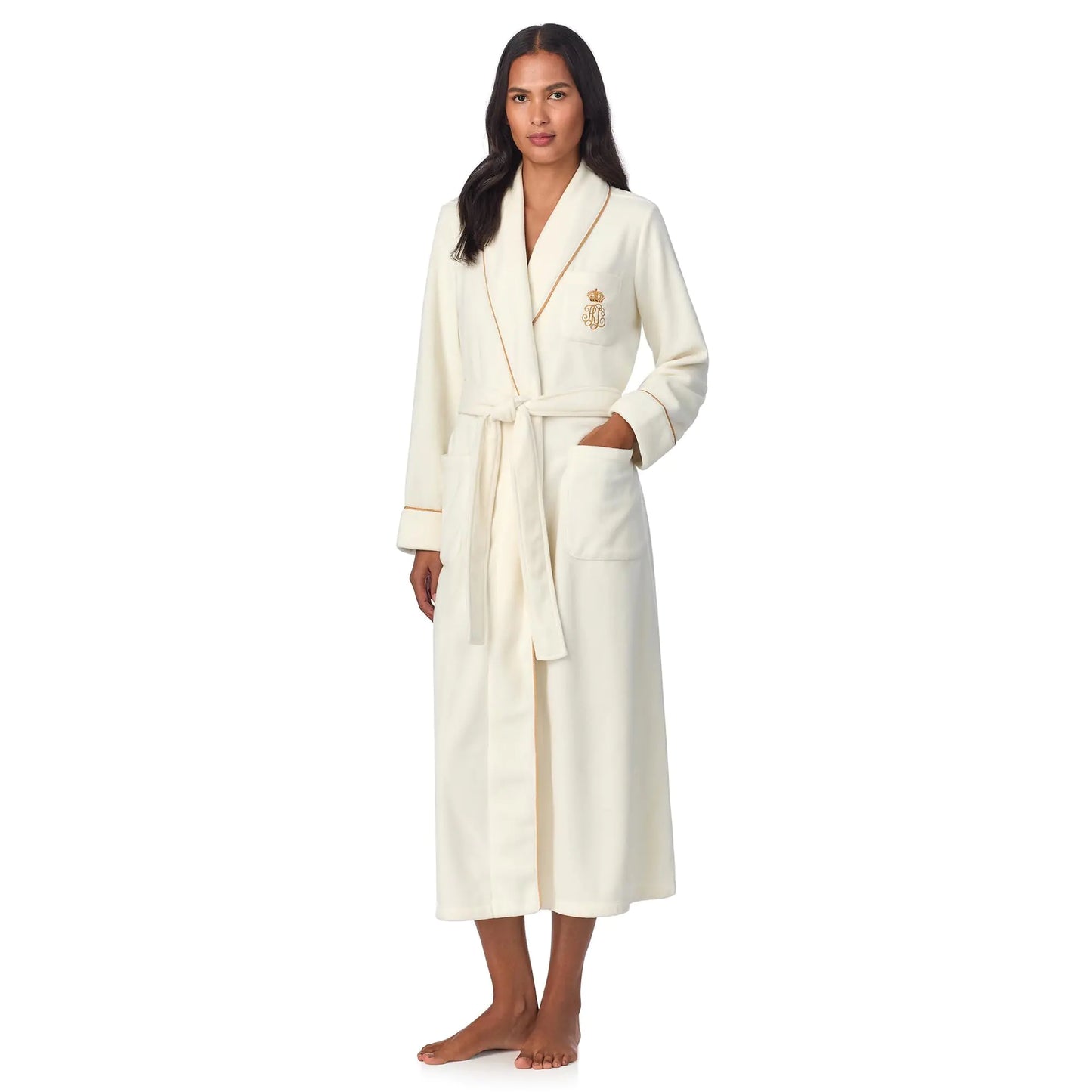 Lauren Ralph Lauren Womens Dalton Fleece Robe Cream Small - Velora Luxury Fashion