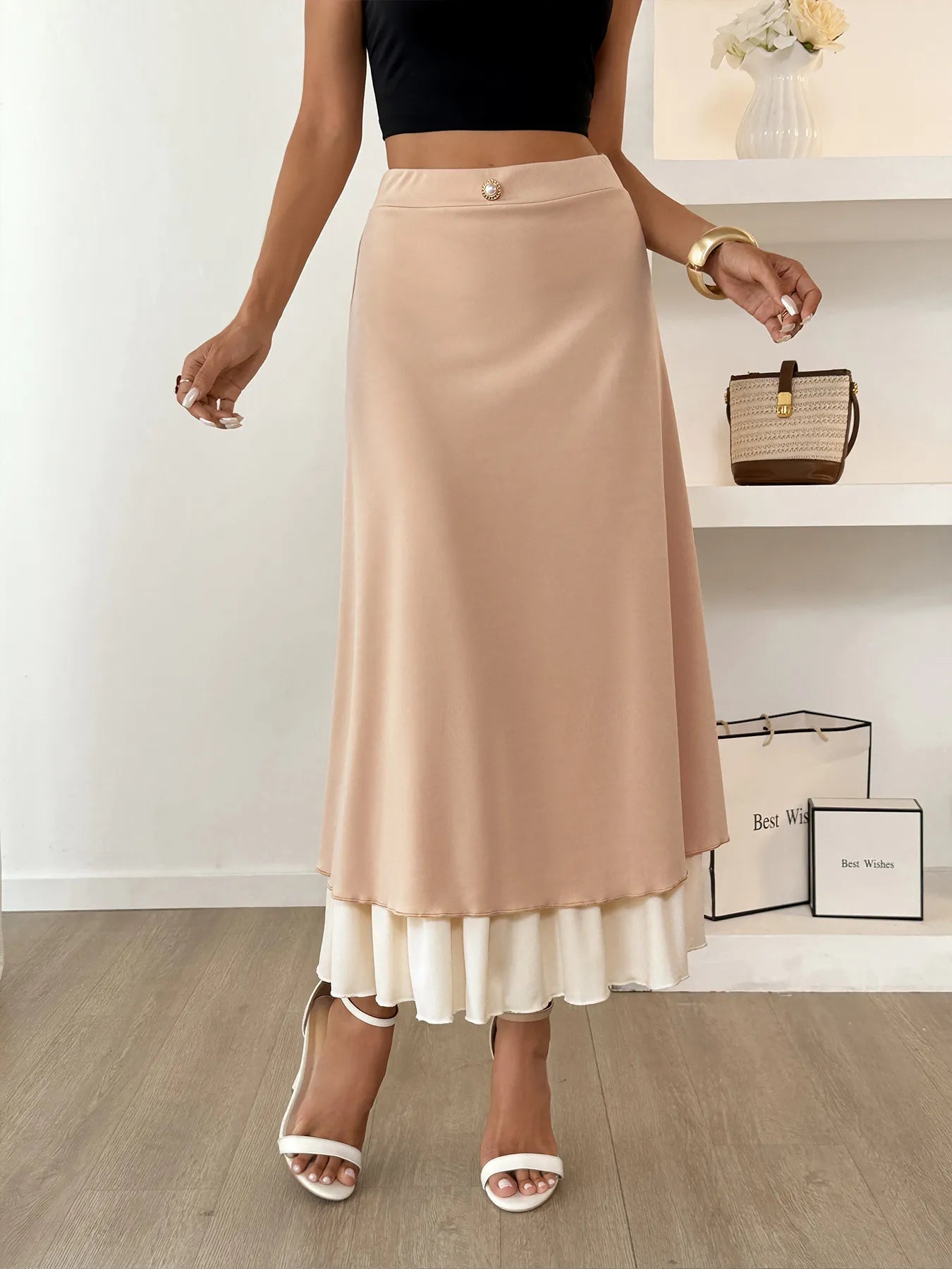 Layered Midi Skirt with Contrast Hem Detail - Velora Luxury Fashion