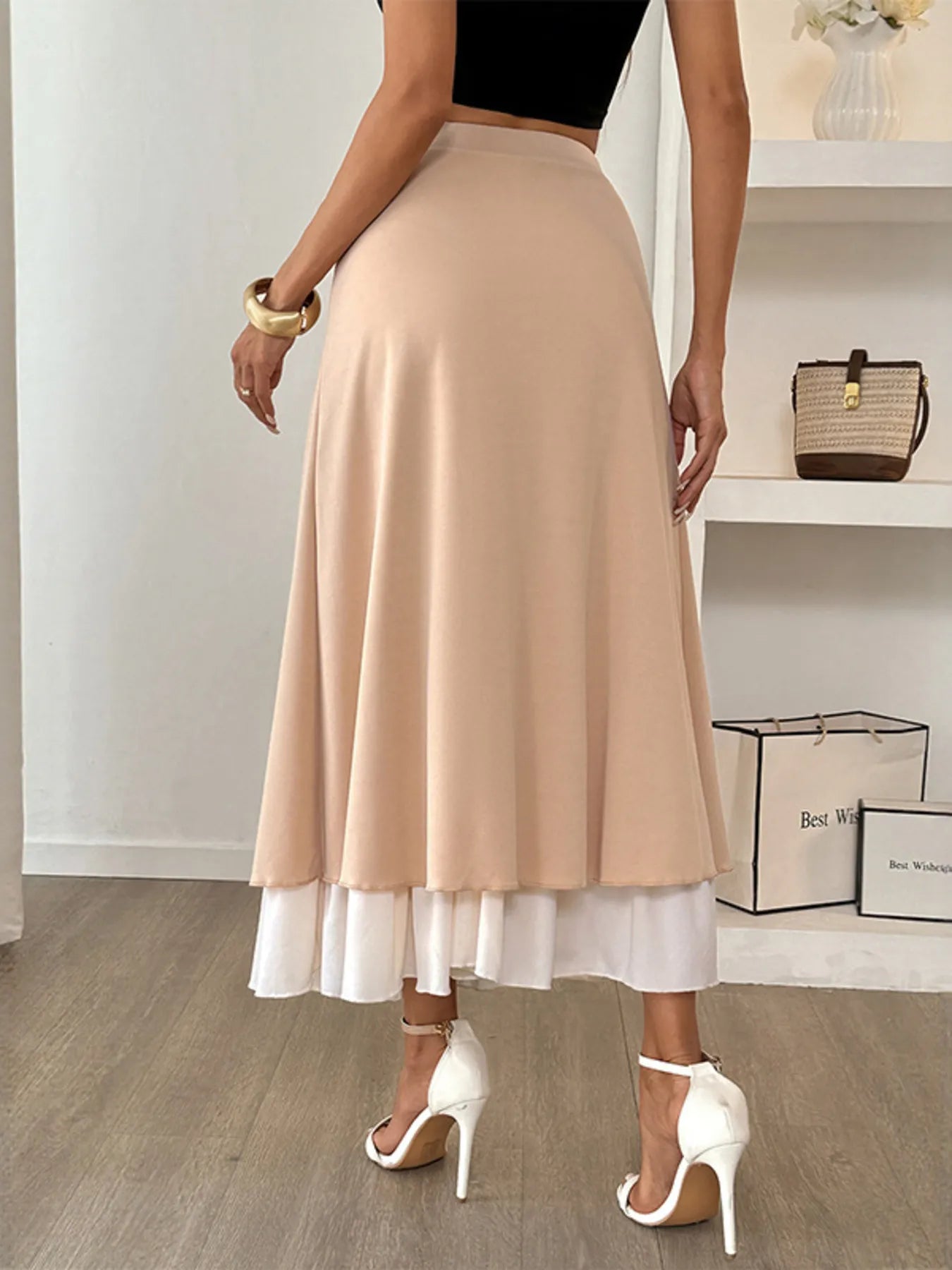 Layered Midi Skirt with Contrast Hem Detail - Velora Luxury Fashion