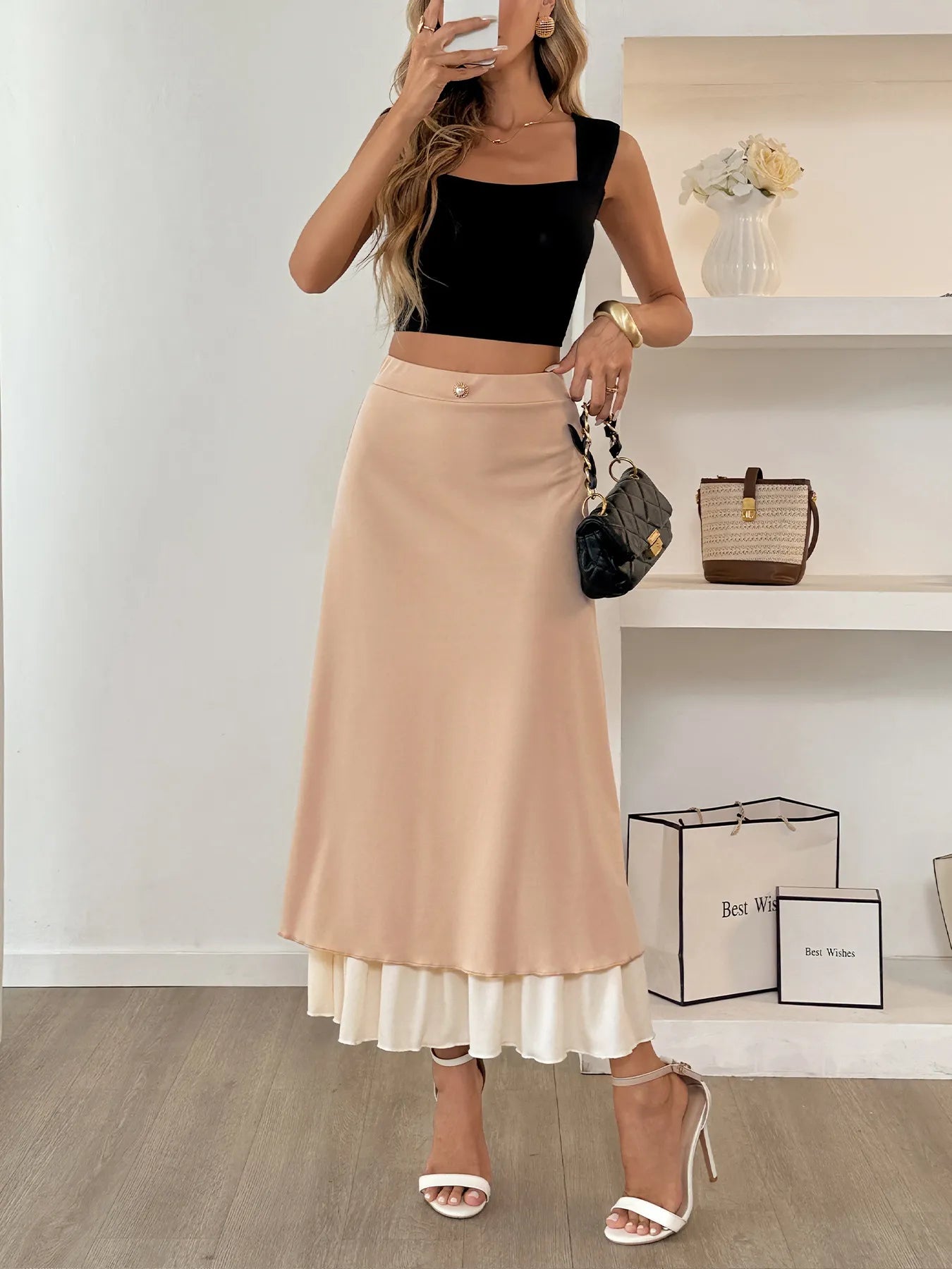 Layered Midi Skirt with Contrast Hem Detail - Velora Luxury Fashion