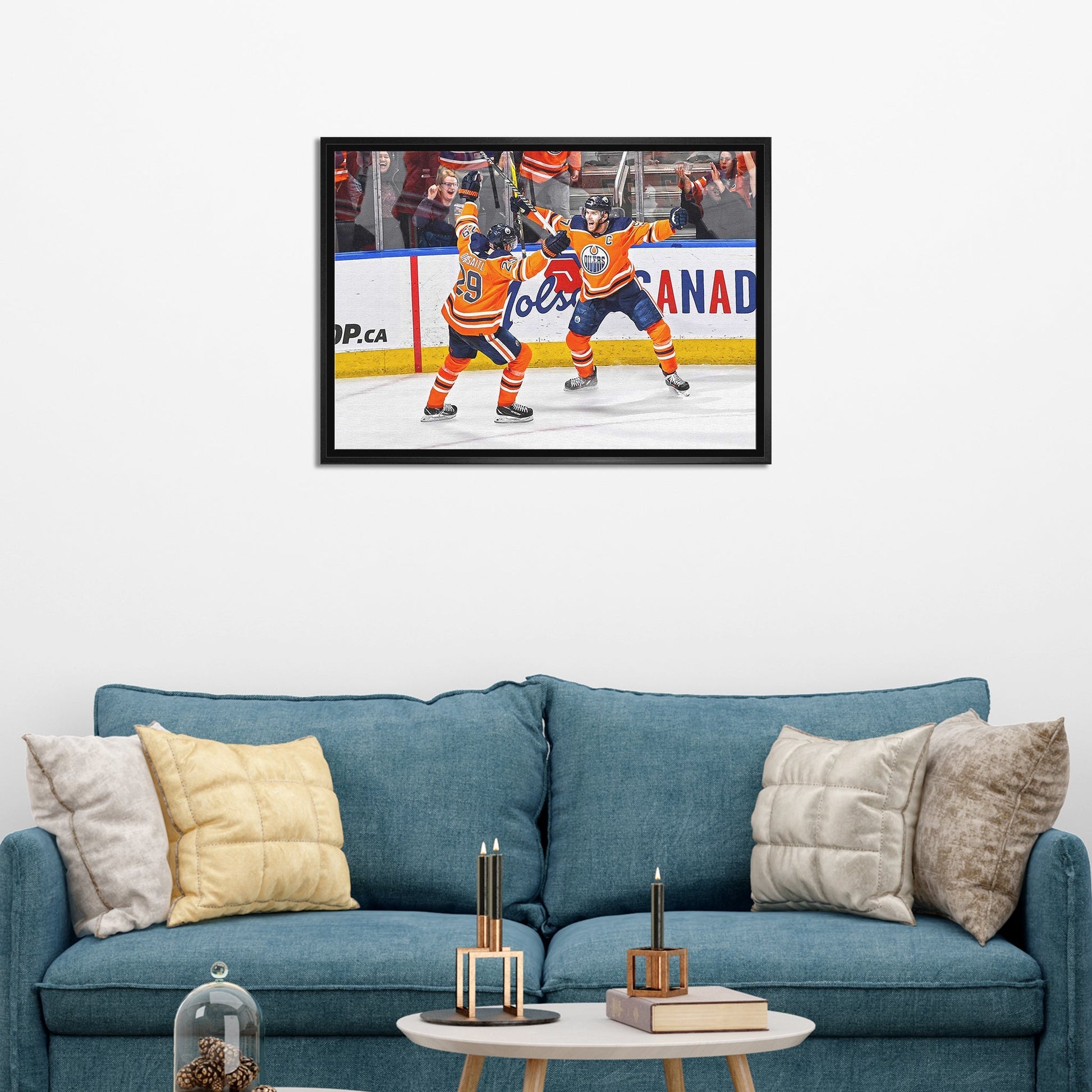 Leon Draisaitl and Connor McDavid 20x29 Framed Canvas Oilers Celebration-H - Velora Luxury Fashion