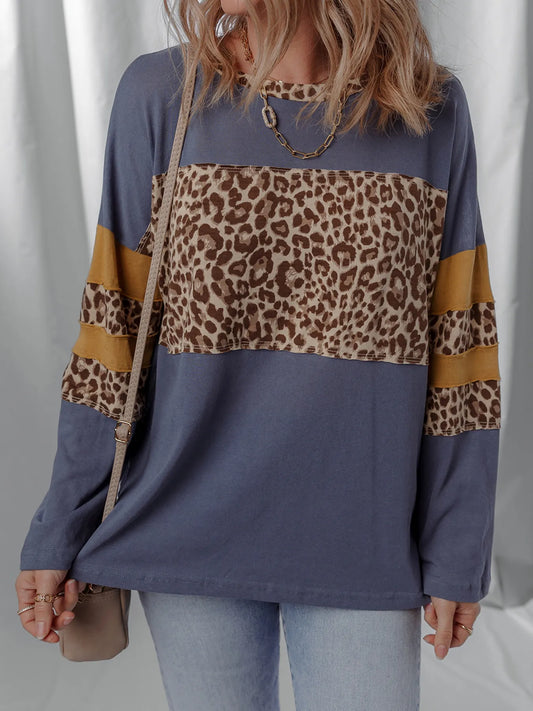 Leopard Color Block Long Sleeve Drop Shoulder Top - Velora Luxury Fashion