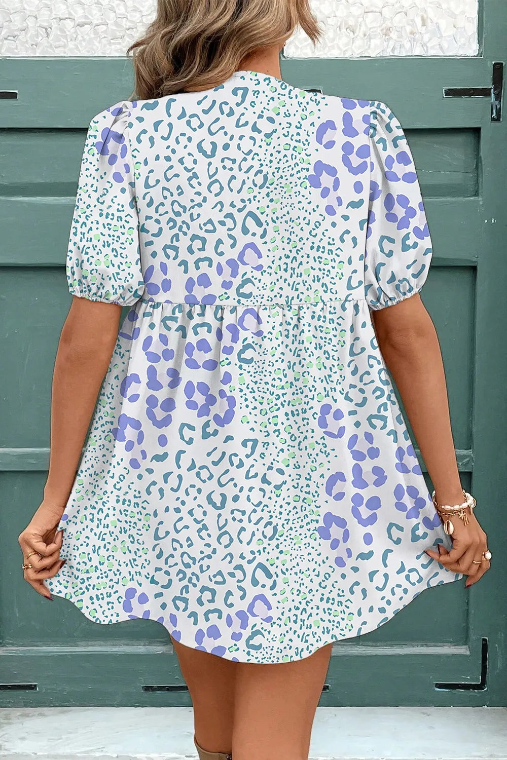 Leopard Print Bow Front Puff Sleeve Mini Dress - Velora Luxury Fashion