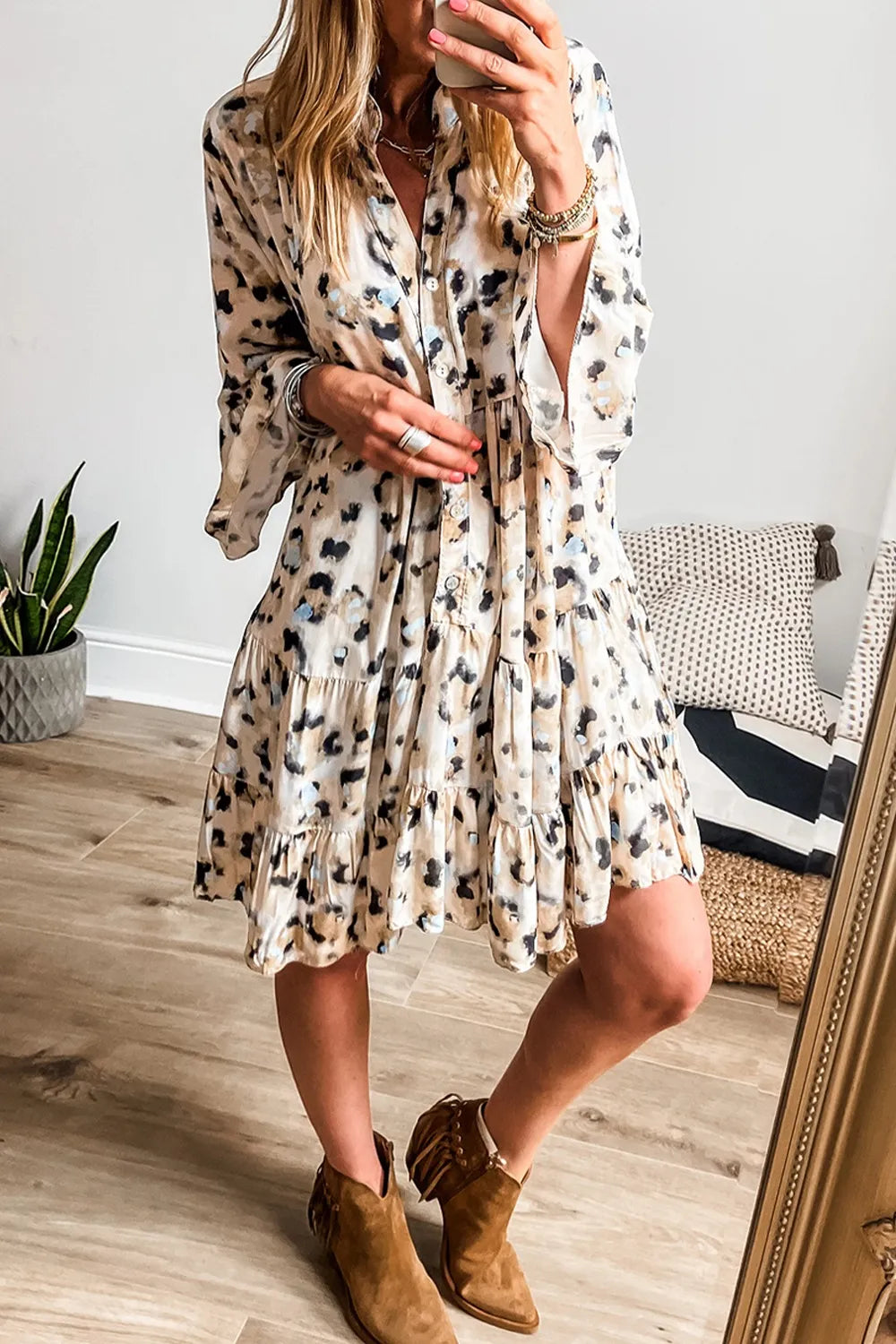 Leopard Print Buttoned Front 3/4 Sleeve Tiered Ruffled Hem Dress - Velora Luxury Fashion