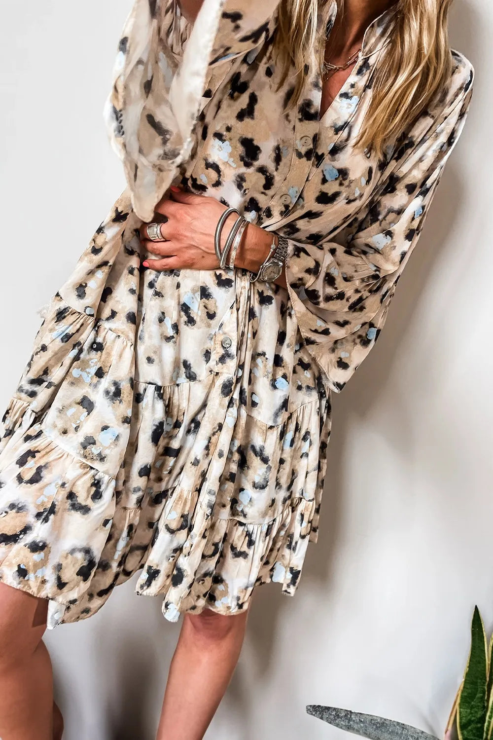 Leopard Print Buttoned Front 3/4 Sleeve Tiered Ruffled Hem Dress - Velora Luxury Fashion