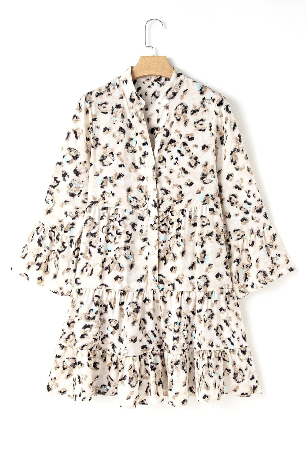 Leopard Print Buttoned Front 3/4 Sleeve Tiered Ruffled Hem Dress - Velora Luxury Fashion