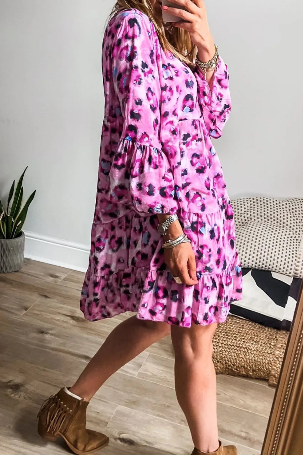Leopard Print Buttoned Front 3/4 Sleeve Tiered Ruffled Hem Dress - Velora Luxury Fashion