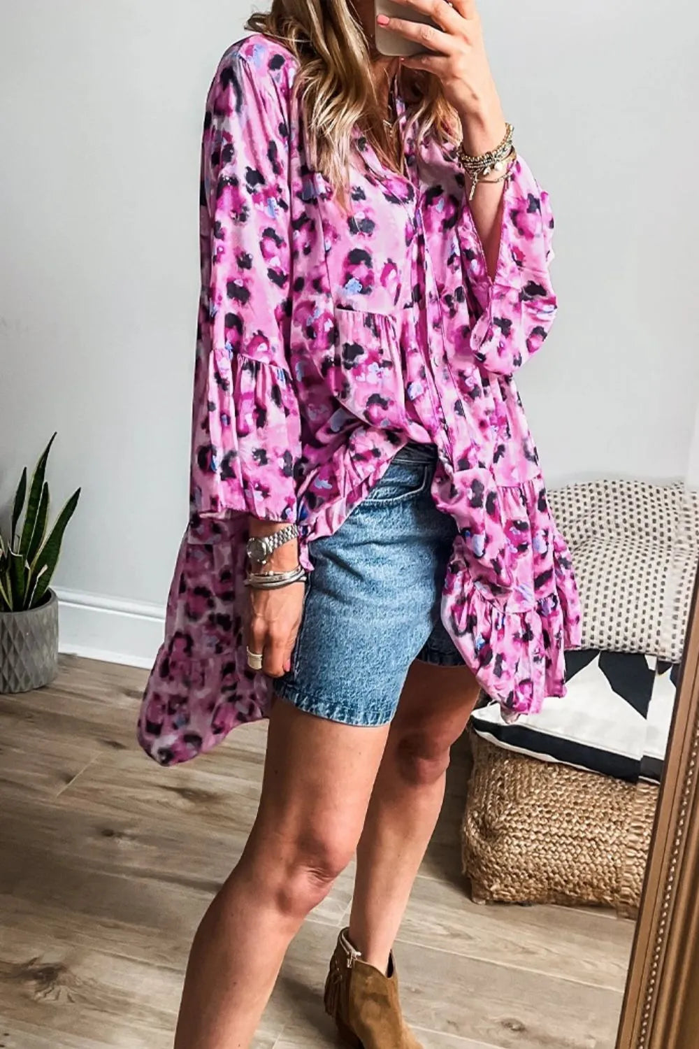 Leopard Print Buttoned Front 3/4 Sleeve Tiered Ruffled Hem Dress - Velora Luxury Fashion