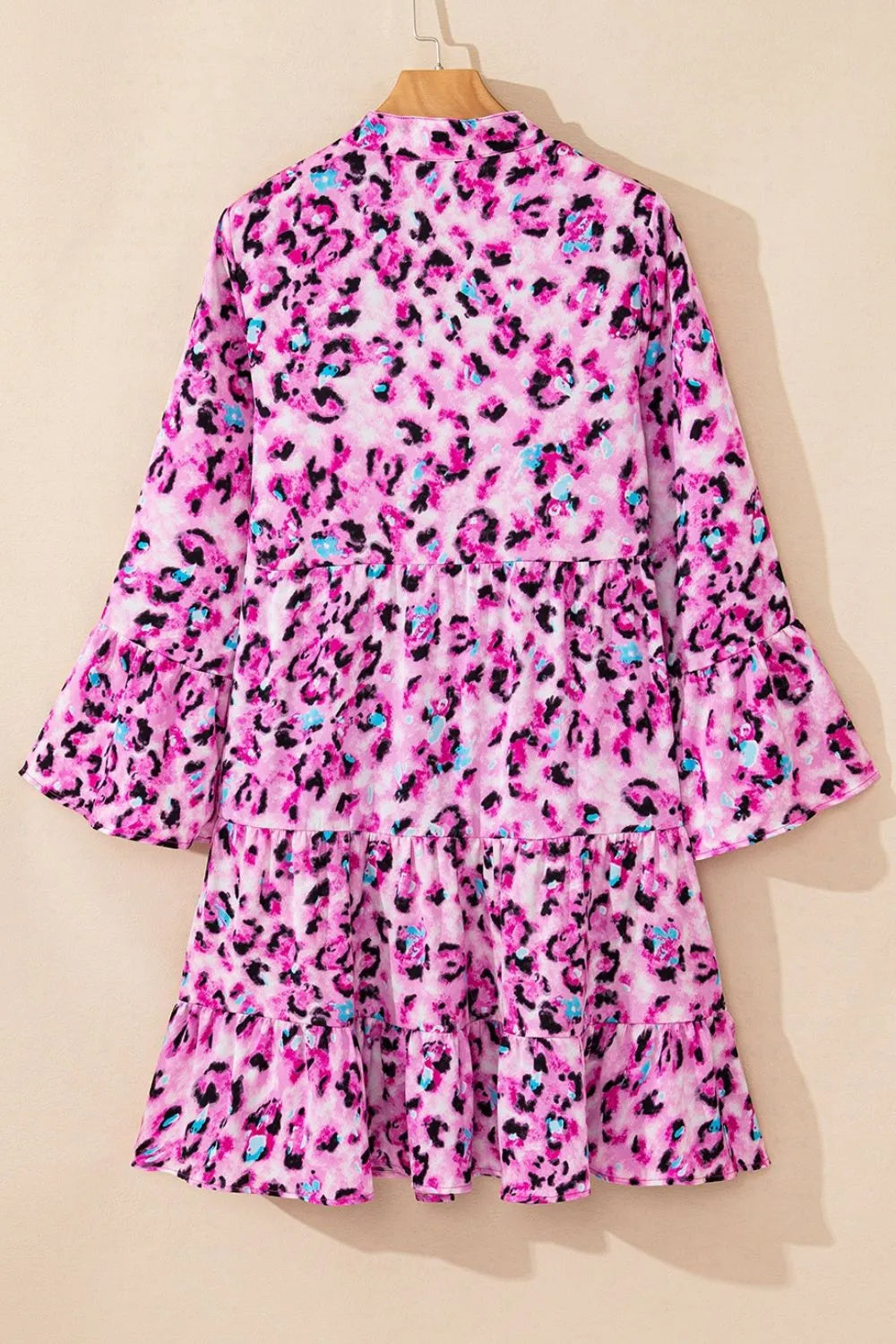 Leopard Print Buttoned Front 3/4 Sleeve Tiered Ruffled Hem Dress - Velora Luxury Fashion