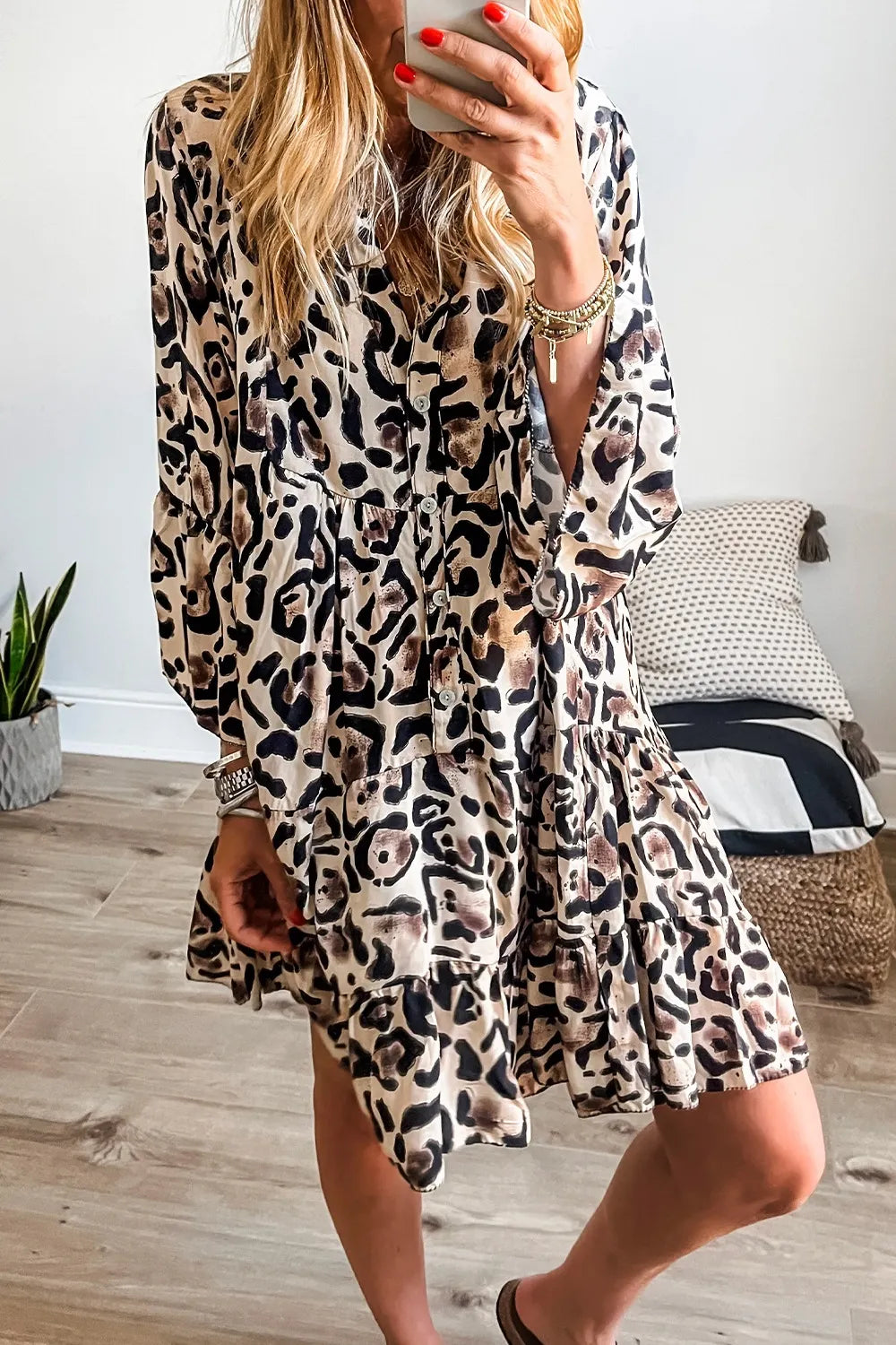 Leopard Print Buttoned Front 3/4 Sleeve Tiered Ruffled Hem Dress - Velora Luxury Fashion