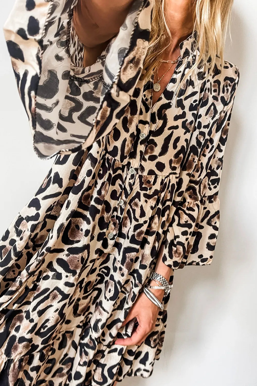 Leopard Print Buttoned Front 3/4 Sleeve Tiered Ruffled Hem Dress - Velora Luxury Fashion