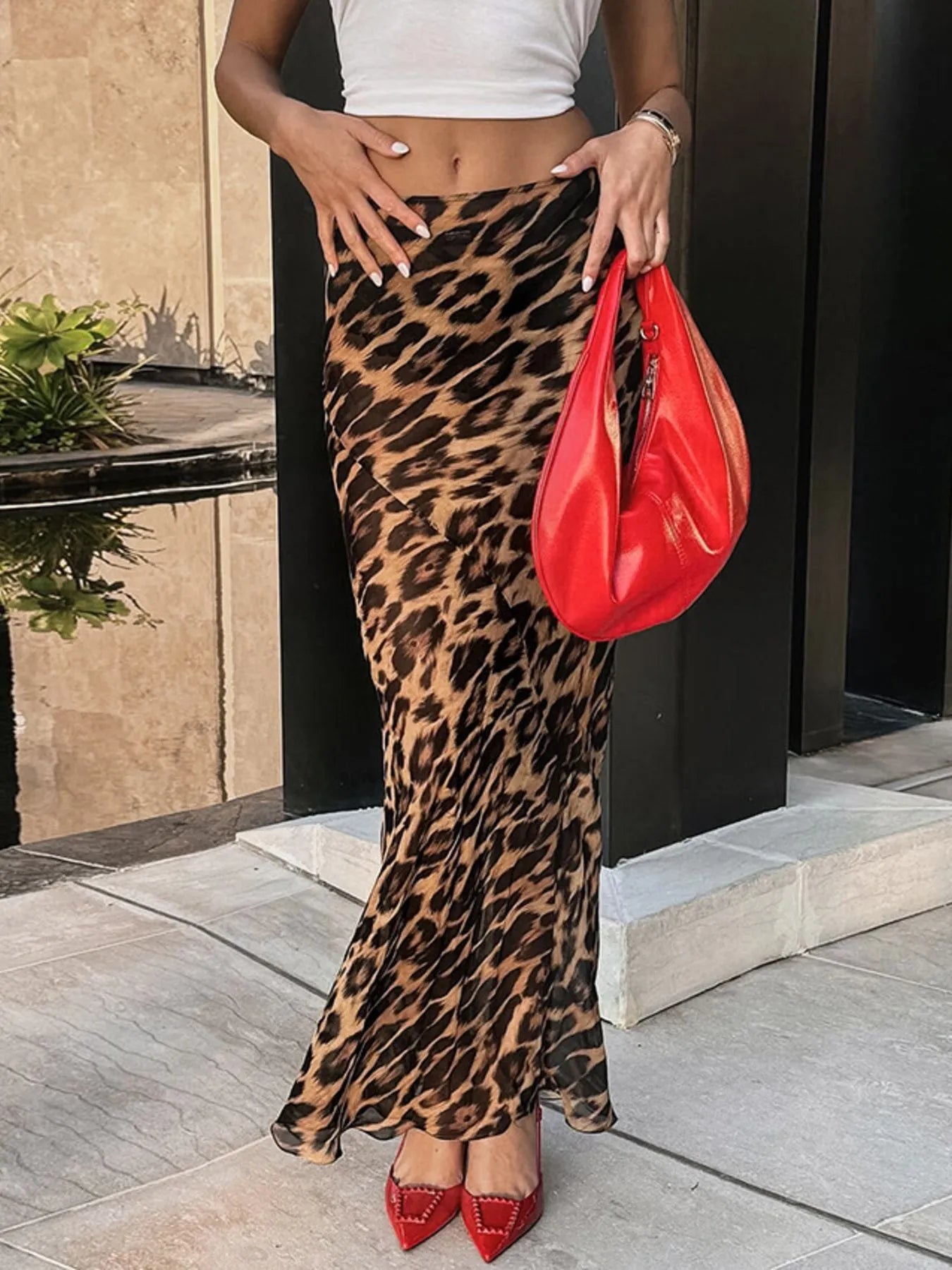 Leopard Print High Waist Flare Maxi Skirt - Velora Luxury Fashion